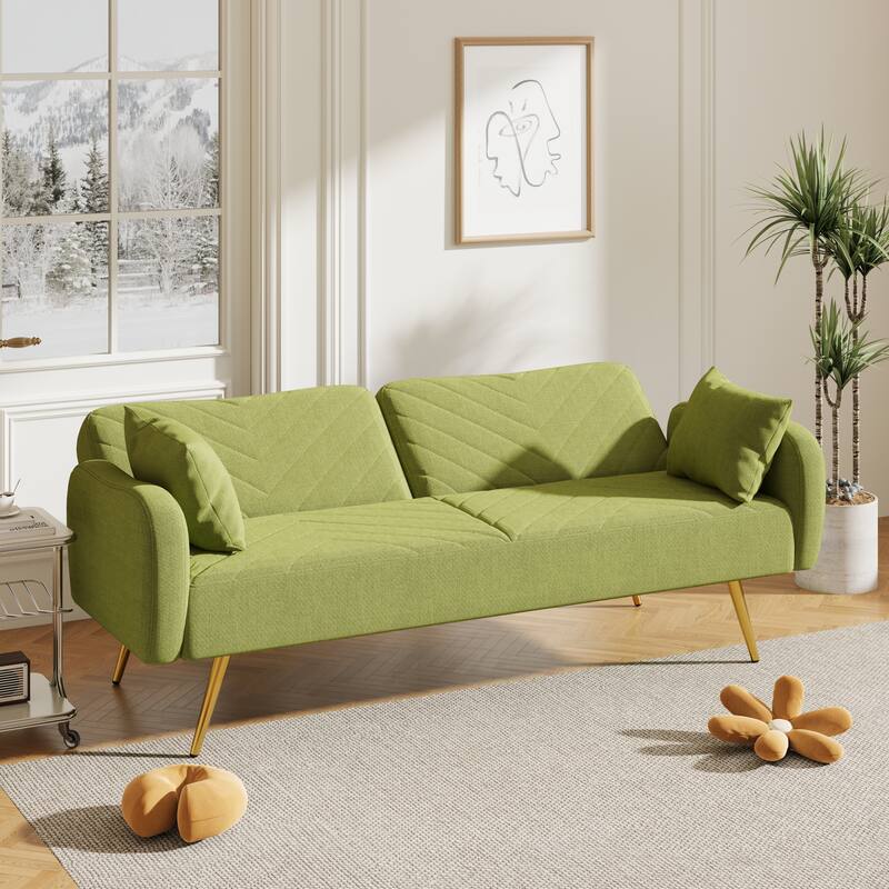 Green Linen Upholstered Double Futon Sofa Bed with Adjustable Split Backrest, Two Pillows, and