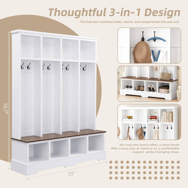 Farmhouse 59"W Wide Hall Tree with 8 Hooks, Practical Entryway Bench with Open Compartments