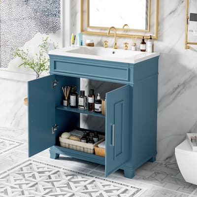 30" Bathroom Vanity with Resin Sink, Freestanding Bathroom Vanity Set with Storage Shelf, Solid Wood Frame Bathroom Cabinet