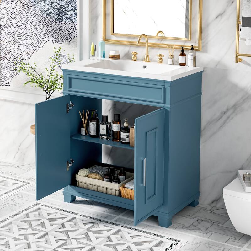 30 Inch Bathroom Vanity with Resin Sink - Freestanding Vanity with Storage Shelf and Solid Wood Frame