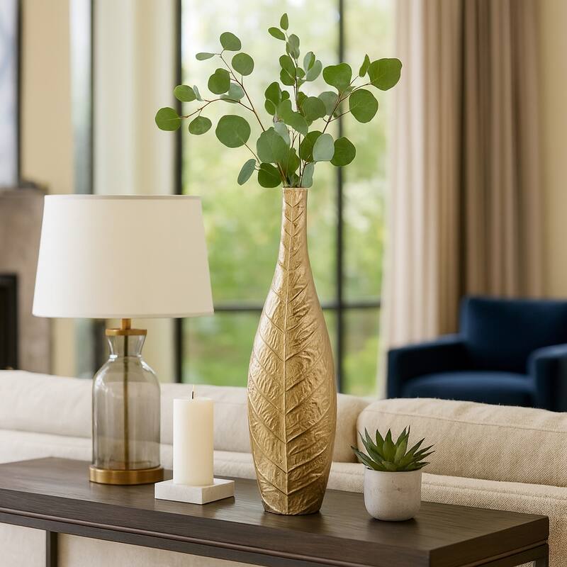 Metal Sleek Leaf Vase - Gold - 8''x4''x28" - Solid Gold
