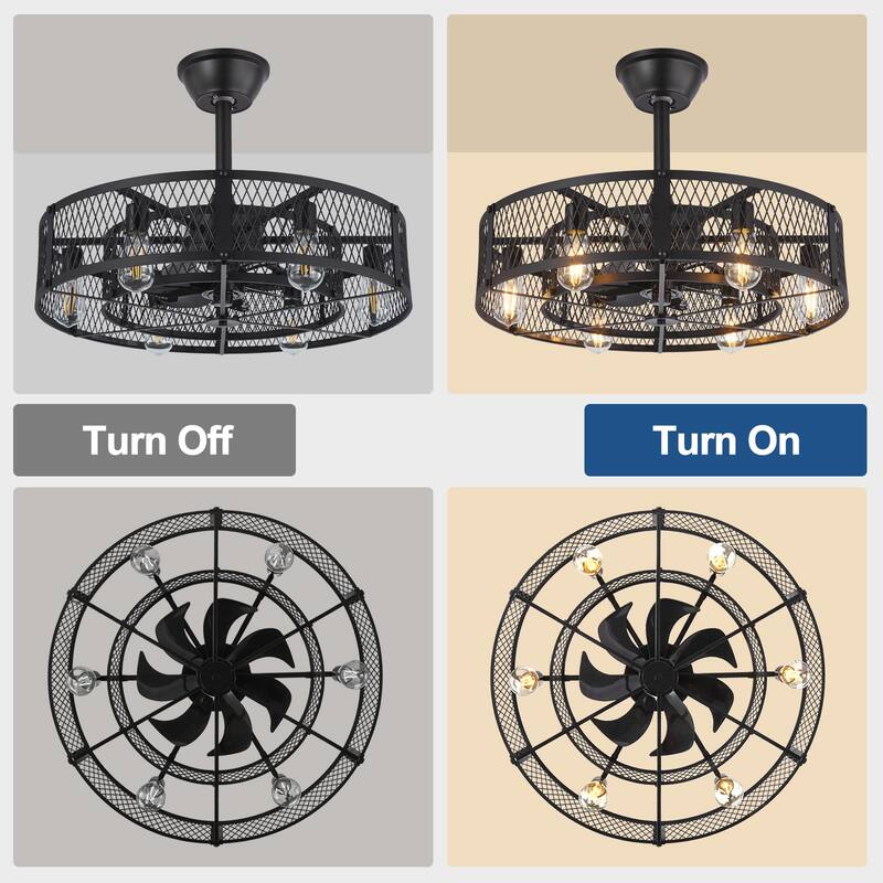 20-26" Caged outdoor Ceiling Fan with Light: Remote App Control-Farmhouse Fandelier Flush Mount Fixture Reversible 6 Speed Timer