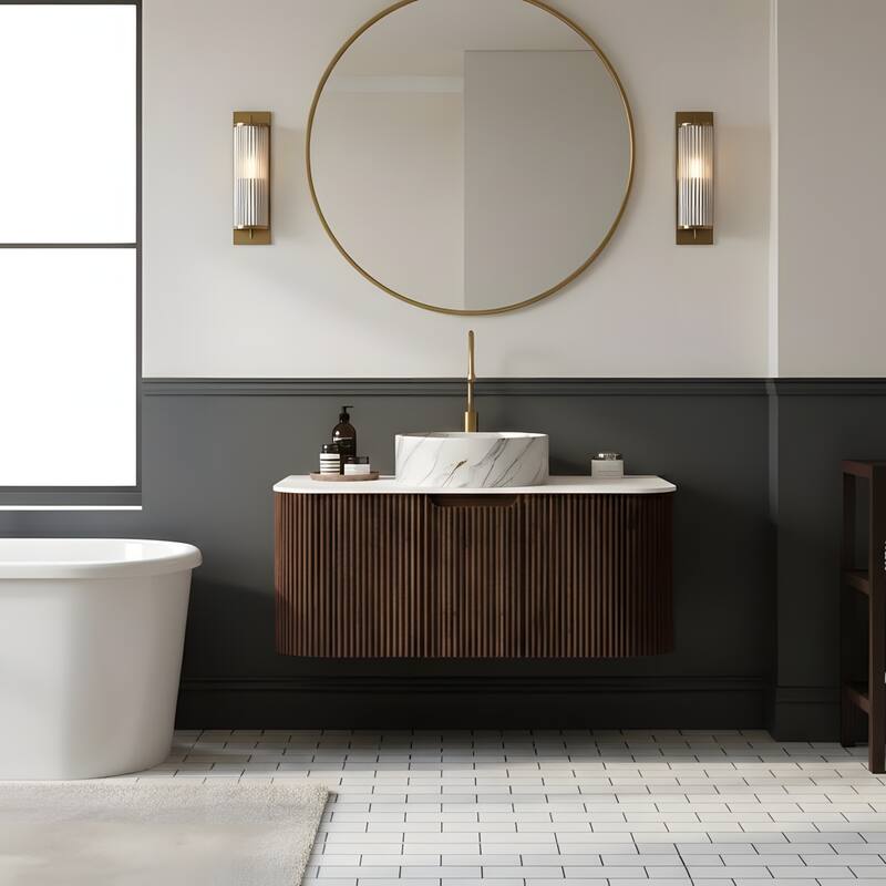 Floating Bathroom with Round Ceramic Basin and Storage Drawer