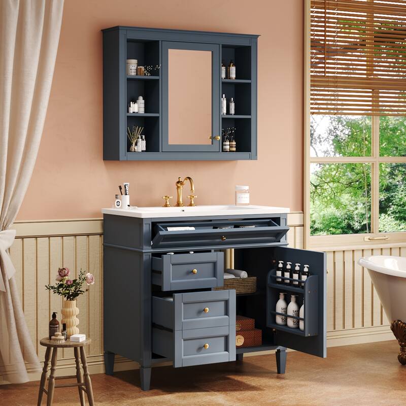 36'' Bathroom Vanity Set with Mirror Cabinet, Modern Bathroom Storage Cabinet with 2 Soft Closing Doors and 4 Drawers