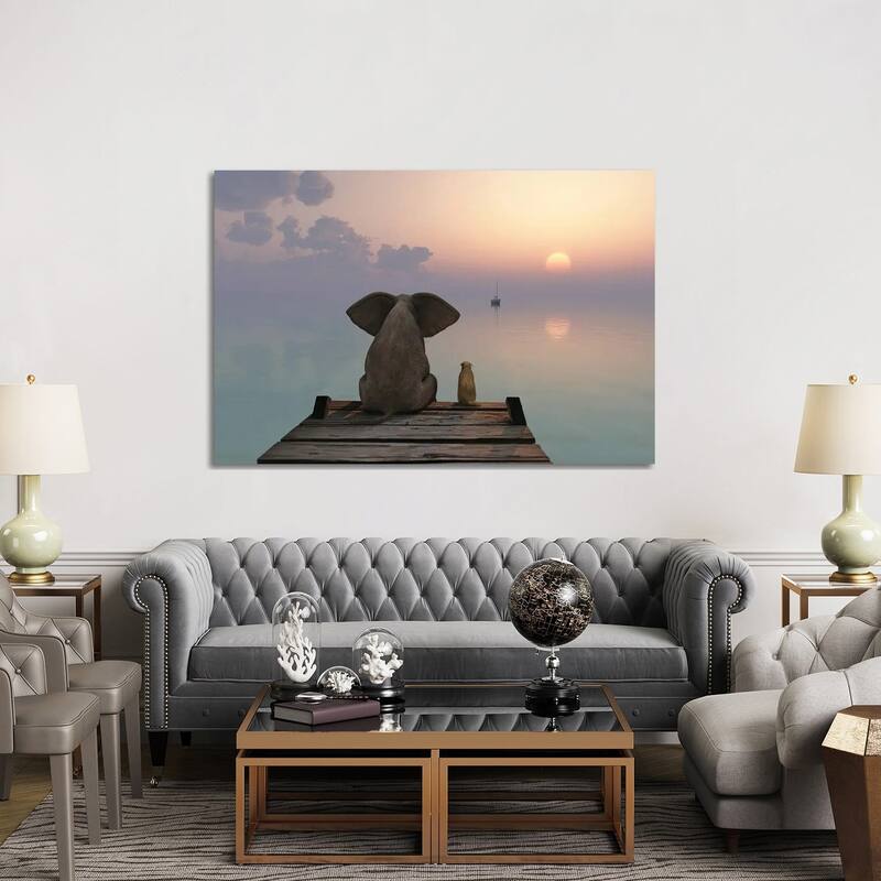 iCanvas "Elephant And Dog Sit On The Pier" by Mike Kiev Canvas Print
