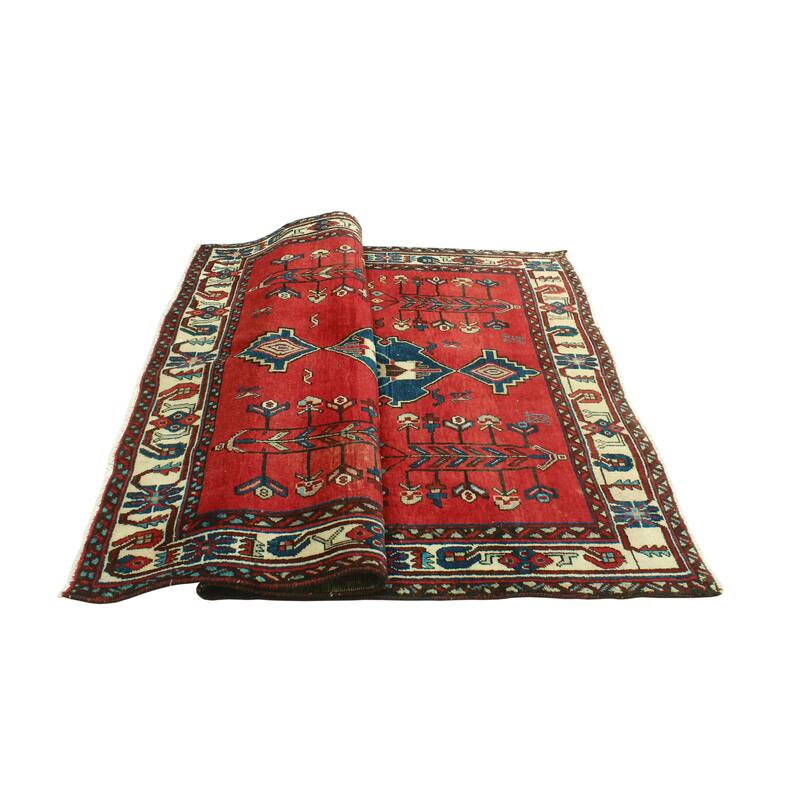 Fine Vintage Distressed Fattah Red/Navy Rug - 5'4" x 6'11"