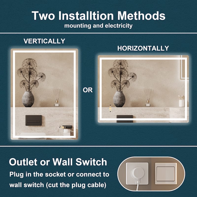 CB HOME Gesture Control Smart LED Mirror Bathroom, Lighted Wall Mounted Mirror, Dimmable, Frameless,Three Color,Front&BackLit
