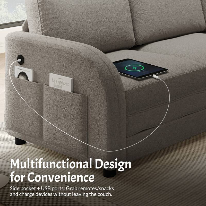 115" L-Shaped Sectional with Pull-Out Bed, USB Ports & Side Pockets, King Size Upholstered Bed