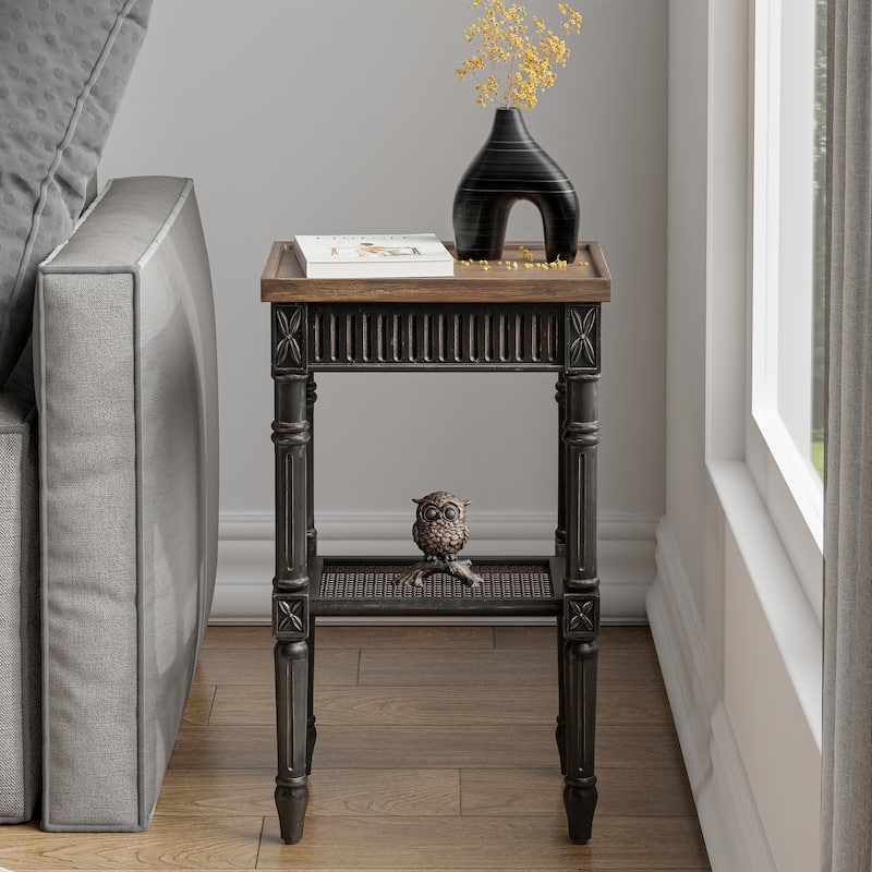 COZAYH French Country Distressed Accent Table, Espresso Tray Top and Woven Wicker Shelf, Boho, Farmhouse, Rustic Decor - Black