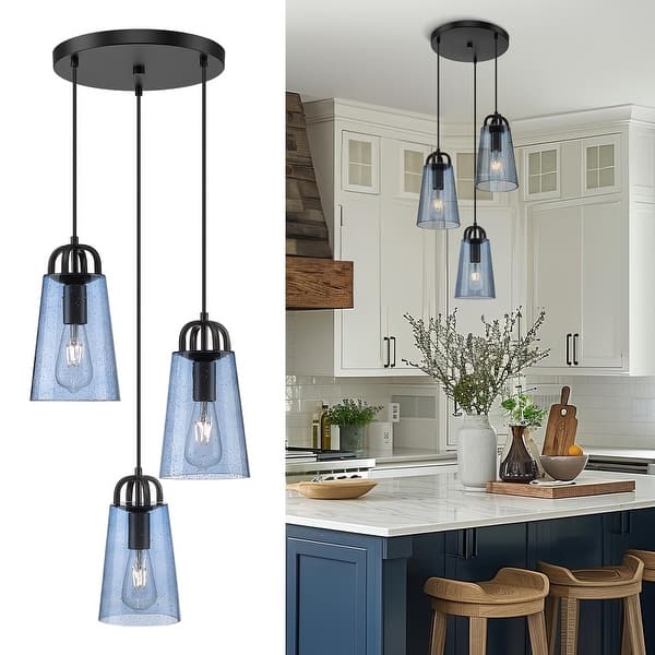 slide 2 of 11, 3-Light Cluster Pendant Light with Blue Seeded Glass Blue