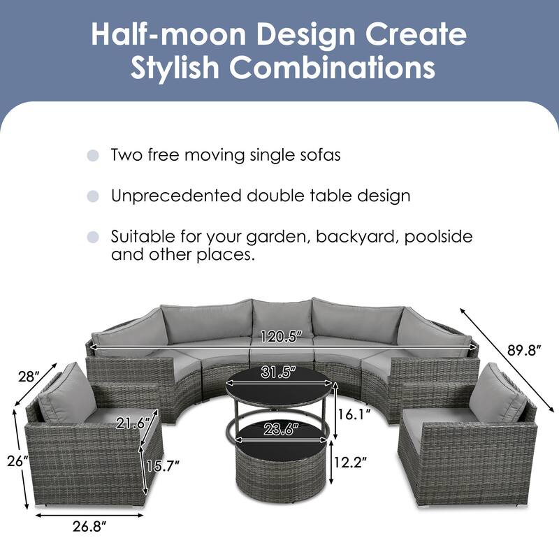 9-Piece Half-Moon Wicker Sofa Set with Round Design, Cushioned Patio Furniture Set for Outdoor Spaces