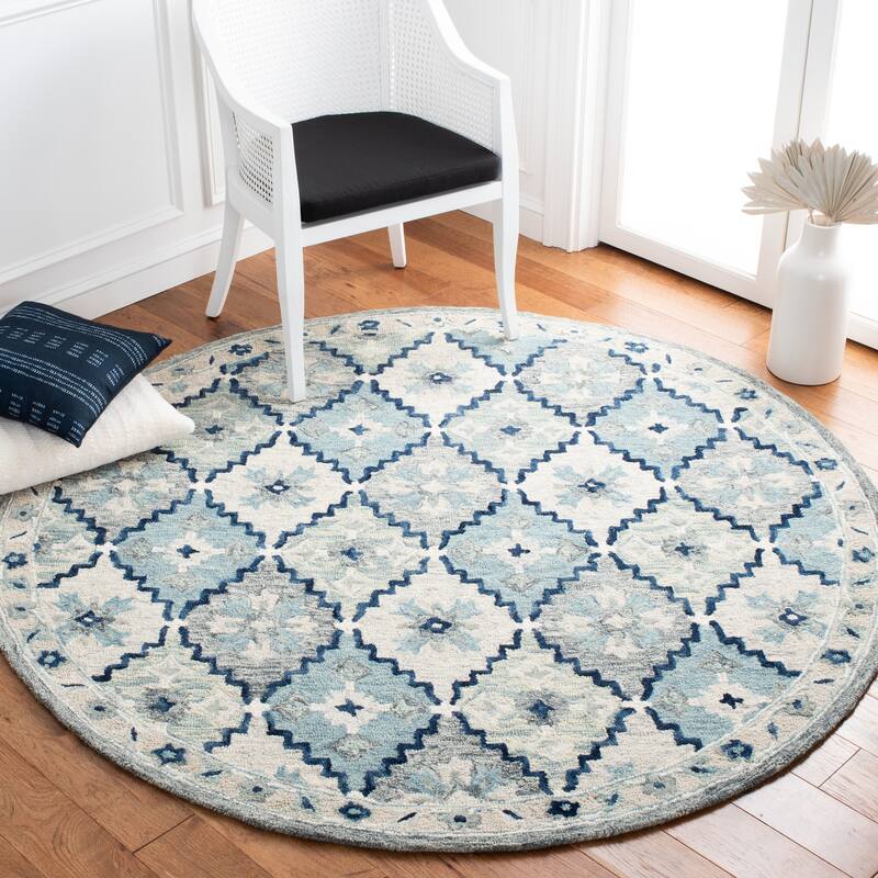 SAFAVIEH Handmade Suzani Anitra Floral Trellis Wool Rug - 6' Round - Blue/Grey