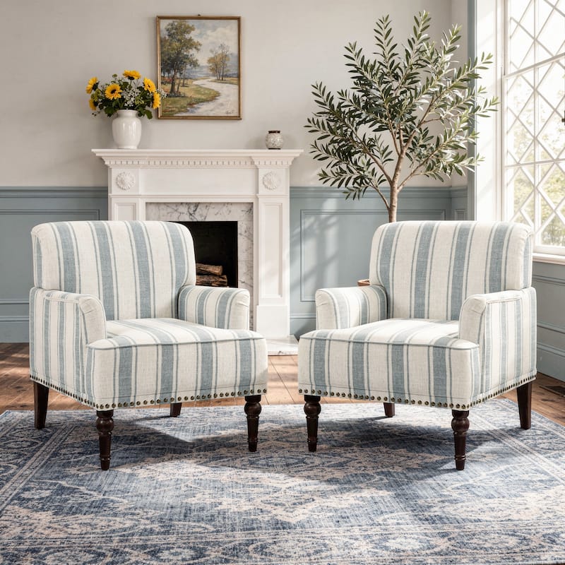 2 Set Linen Upholstered Armchairs Nailhead Trim Accent Chairs with Wooden Legs - BLUE