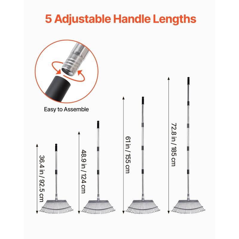 Adjustable Lawn Rake with Stainless Steel Metal Tines - 72.83 x 18.31 x 2.17 in