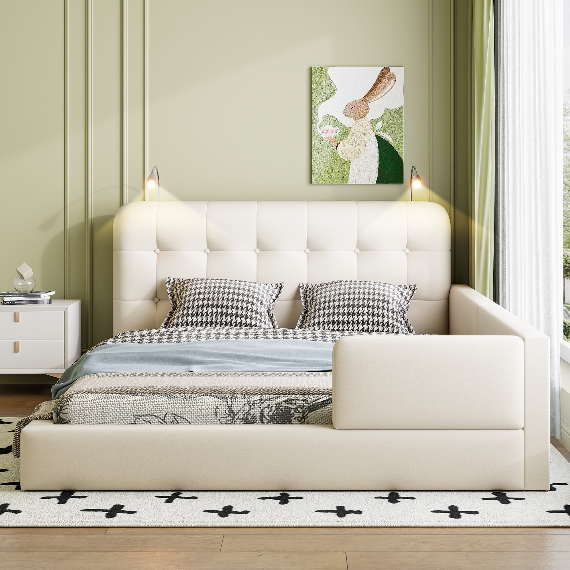 L-shape Platform Bed with Recessed Lights, Gingham Upholstered Queen Size