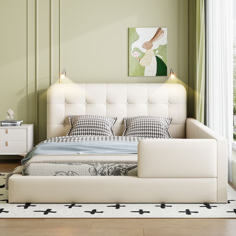 Queen Size Upholstered Platform Bed with 2 Reading Lights, Premium PU Leather Floor Bed Frame with Wooden Slats Support - White - Queen