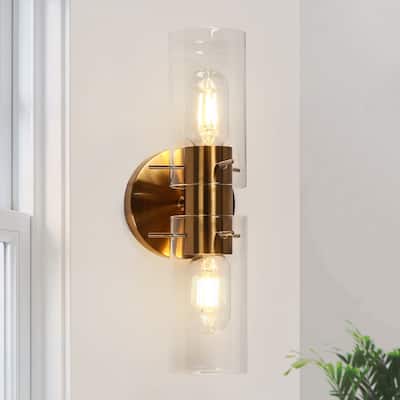 Modern Gold 2-Light Cylinder Wall Sconce Glass Bathroom Vanity Light - L 13.4'' x W 5.5''