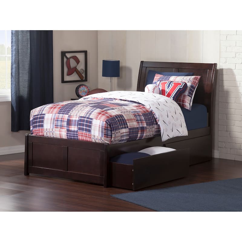 Natural Wood Platform Bed with Drawers - Modern Sleigh Style Bed Frame - Full, Queen, King Sizes