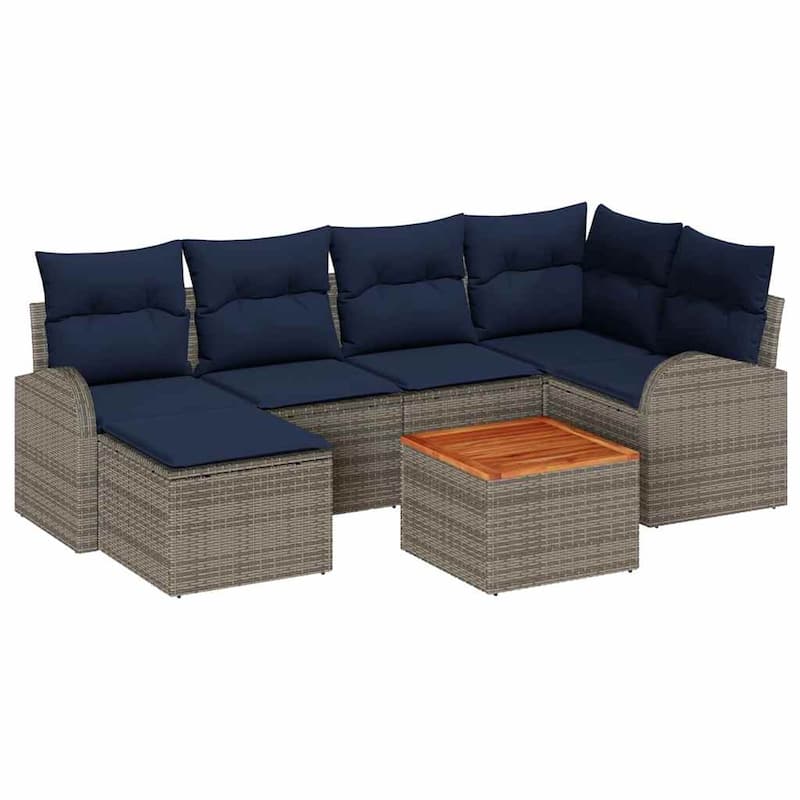 vidaXL 7 Garden Sofa Set with Cushions Black/Grey Poly Rattan - 92.1 x 48.8 x 27.2