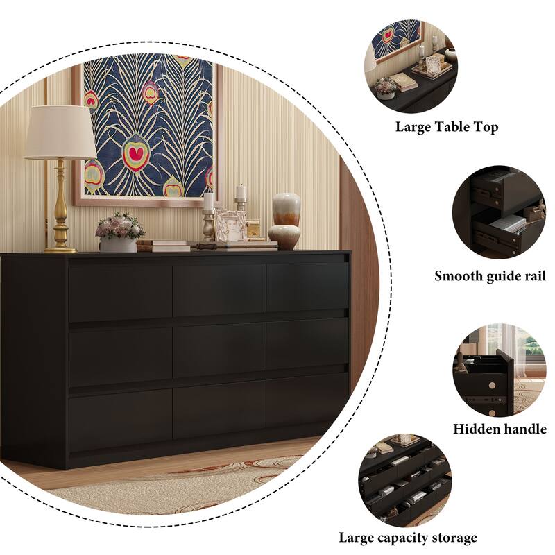 Modern Dresser for Bedroom 9 Drawers Wood Dresser Chest of Drawers
