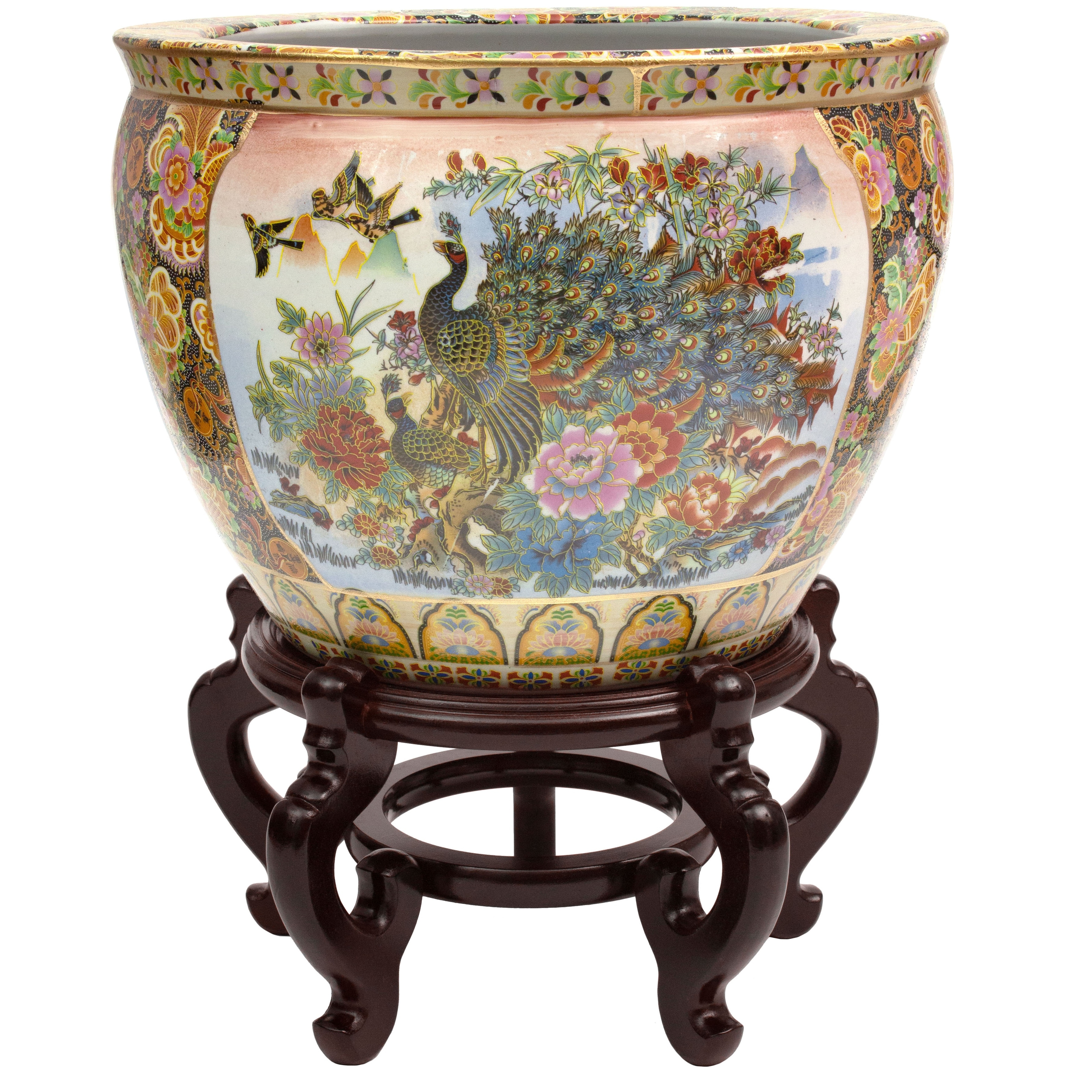 Red Lantern 14" Satsuma Garden & Peacock Porcelain Fishbowl Planter