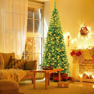 7.5ft Pre-Lit Hinged Artificial Pencil Christmas Tree W/ White Lights - 30"x90"