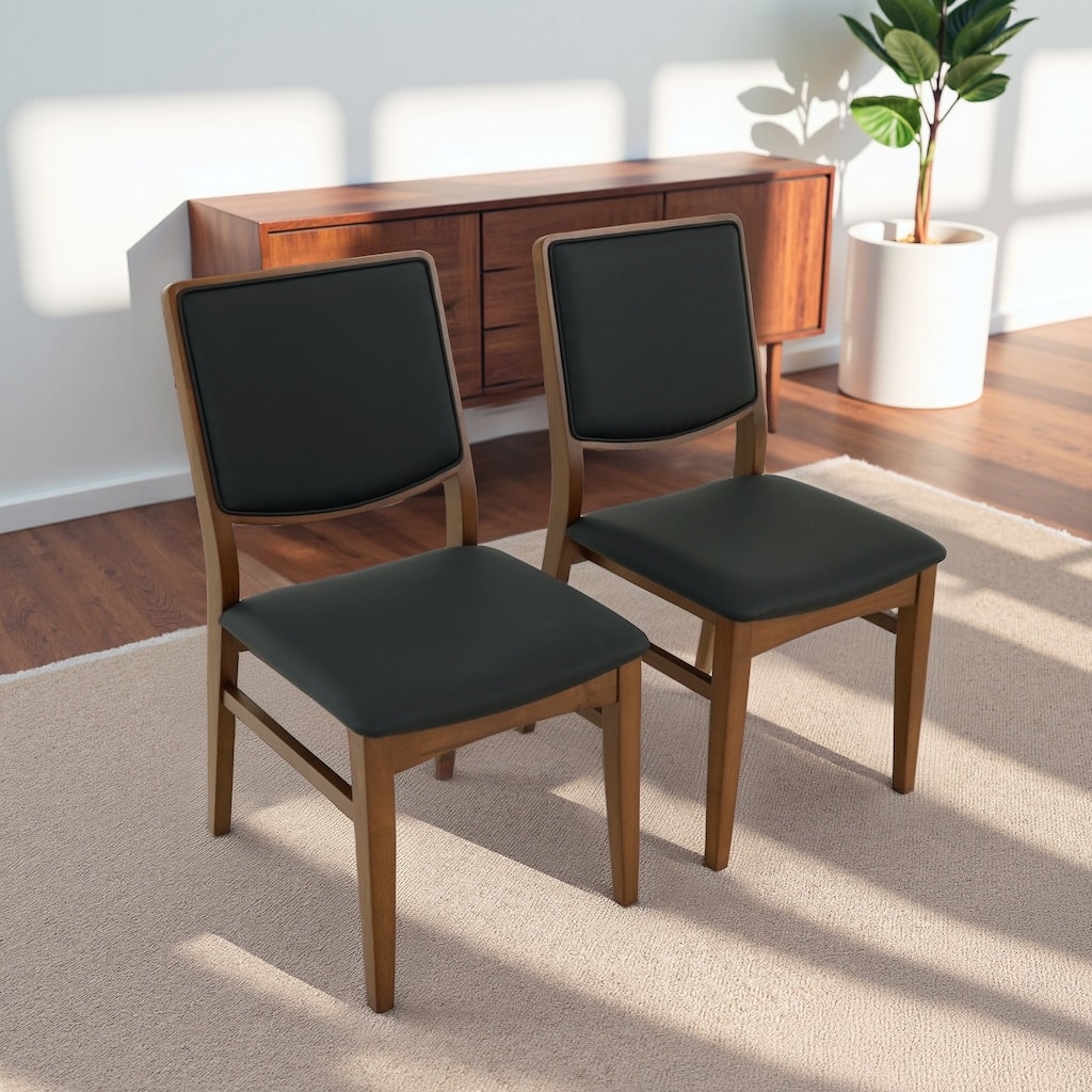 Finished Solid Wood and Easy Clean Vegan Leather Upholstered Dining Chairs (Set of 2)