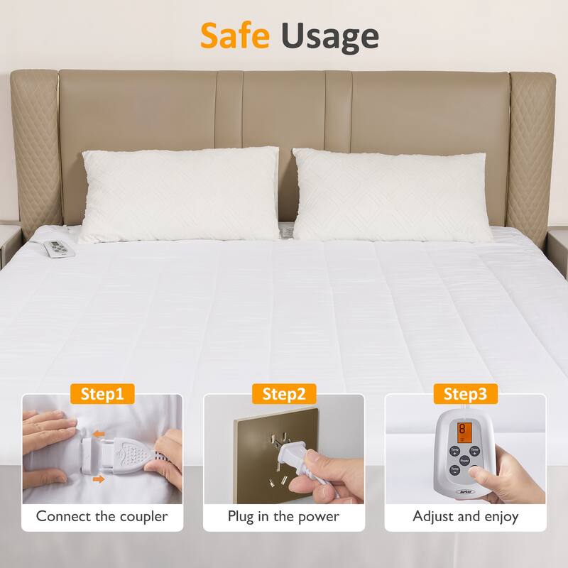Queen Size Bed Mattress Pad with Dual Controller - White