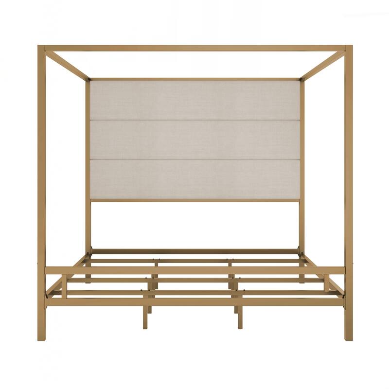 Upholstered Headboard Metal 4-Poster Bed Frame, Box Spring Needed