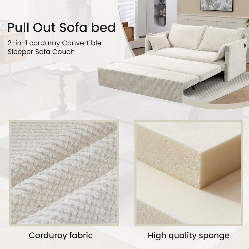 GDFStudio - Harper Lane Corduroy Convertible Sofa Bed with USB Charging & Side Storage for Cozy Apartment Living