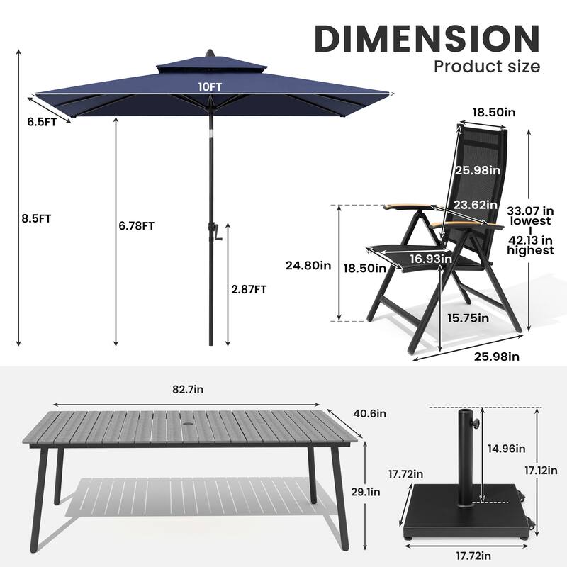 9/11-Piece Outdoor Patio Dining Set Aluminum Dining Table and Folding Chairs w/10 ft Umbrella and Base