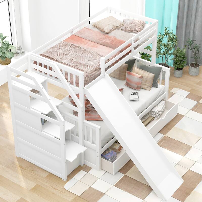 Twin Over Full Bunk Bed, Multi-Function Kids Bunkbed with Slide, 2 Drawers & Storage Stairs, Wooden Staircase Bunkbeds Frame