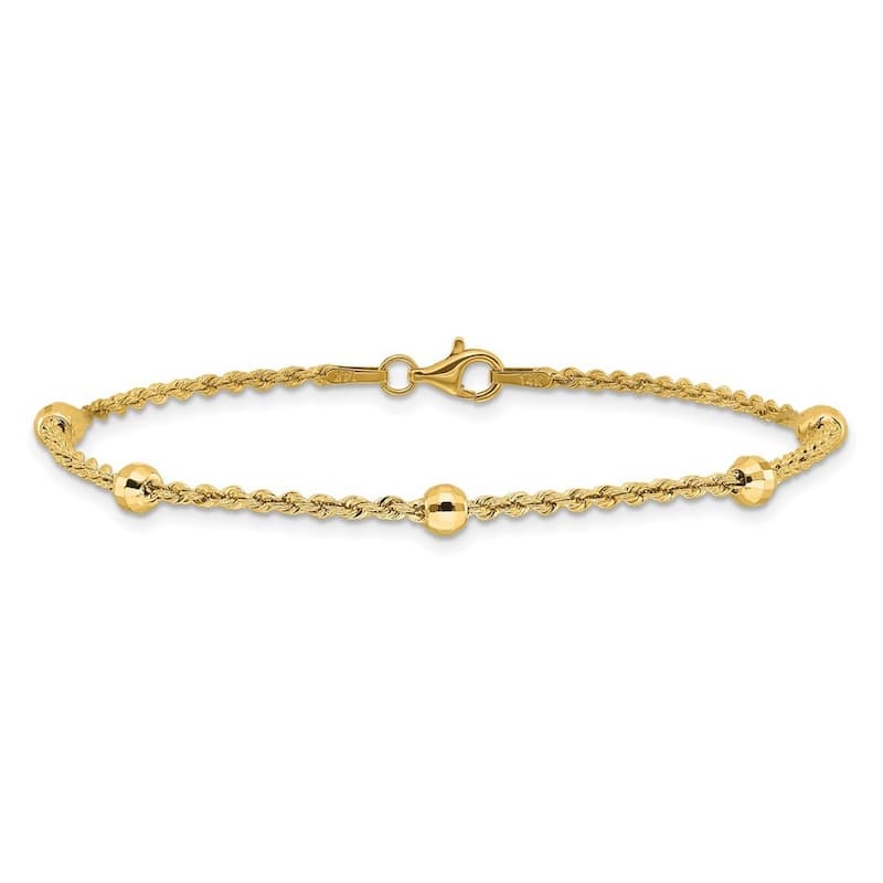 Curata 14k Yellow Gold 7.5" 3.9mm Diamond Cut Beaded Rope Chain Bracelet