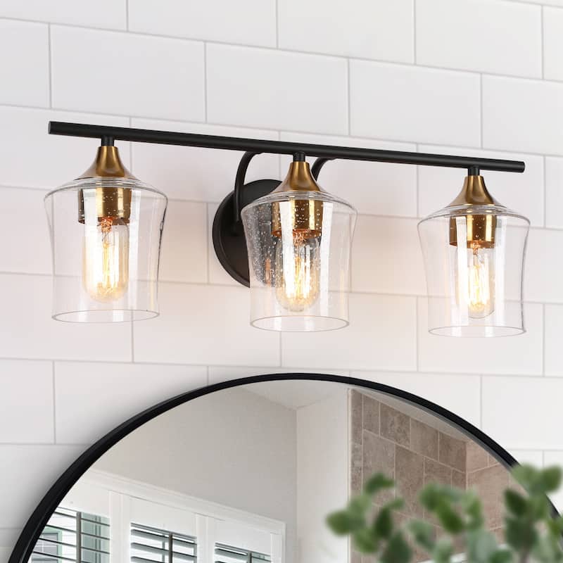 Modern Black Gold 2/3/4-Light Linear Bathroom Vanity Lights with Seeded Glass - 3-Light