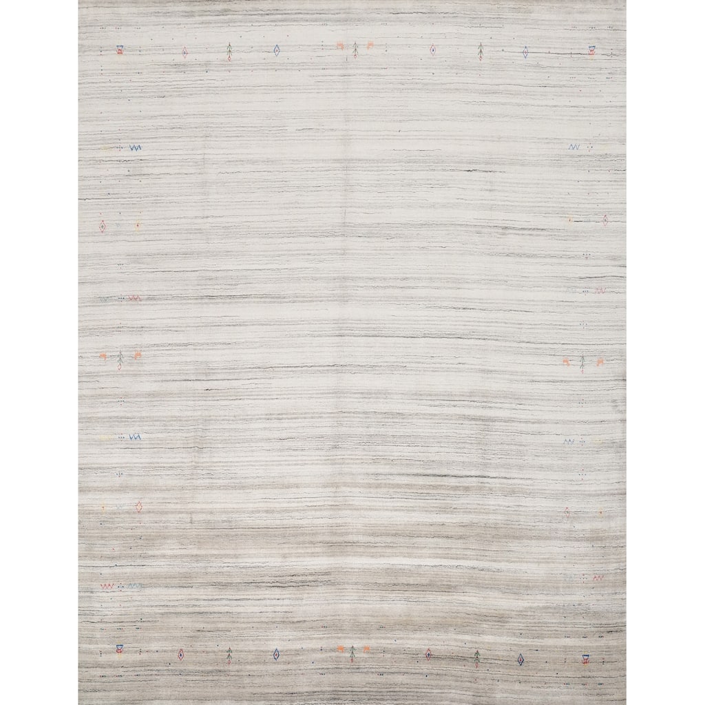 Hand Knotted Oriental Viscose Silk Carpet Tribal Animal Pictorial Greys & Charcoal Gabbeh Area Rug - 9' 9'' X 9' 4''