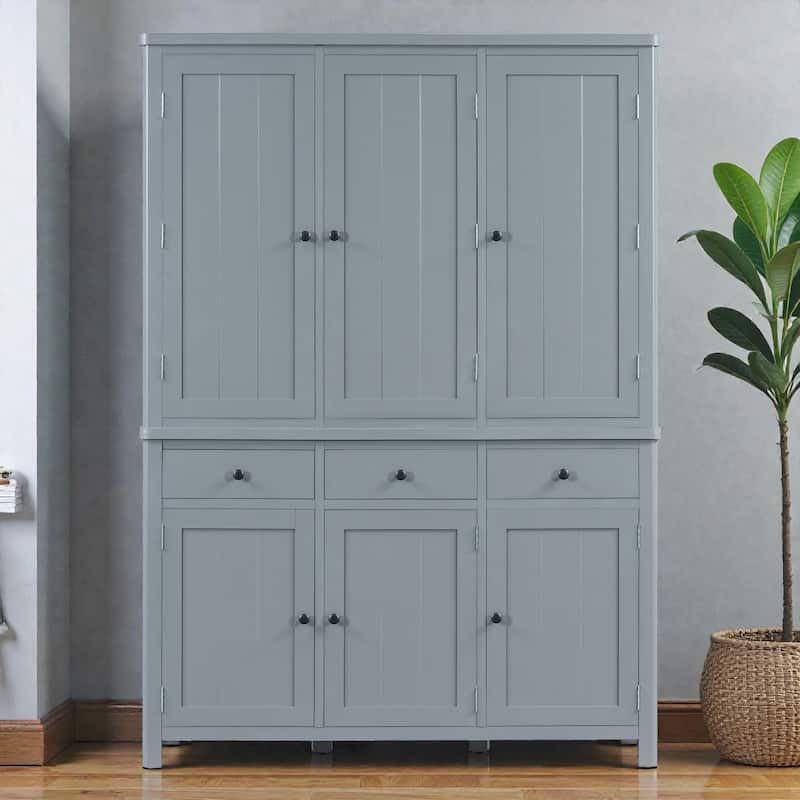 74.8 Inch Farmhouse Kitchen Pantry Cabinet, 53x20 Large Freestanding Storage with Drawers, Door Shelves and Pull-Out Trays - Grey