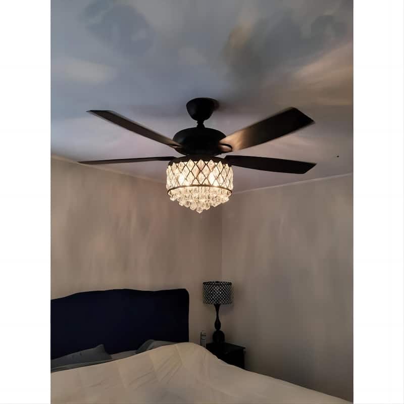 Modern 52-inch Black 5-Blade Crystal Ceiling Fan with Remote - 52 Inches