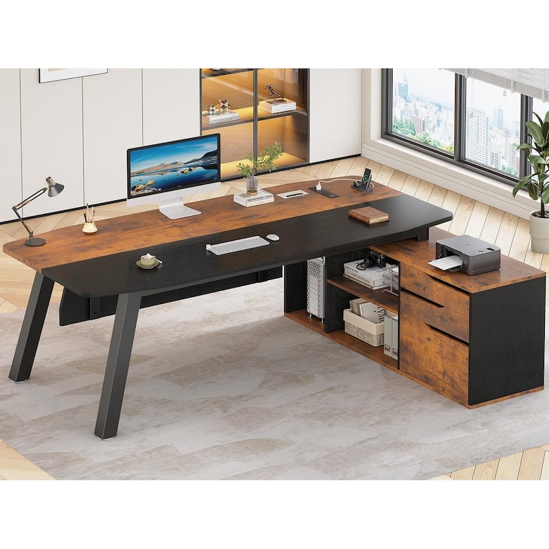 71" Executive Desk File Cabinet L Shaped Computer Desk Shelves - Brown