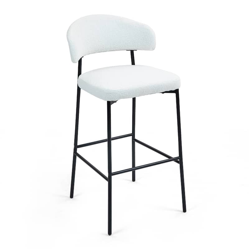 Set of 2 Bennett White Boucle Upholstered Fabric Bar Stool with Black Iron Legs