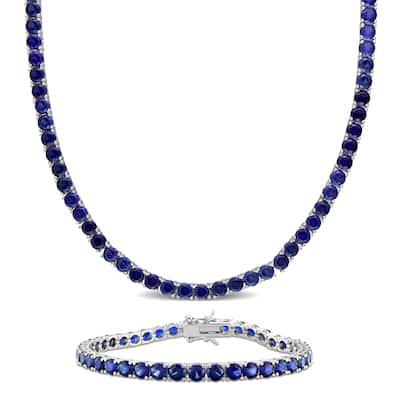 Miadora 47 1/2ct TGW Created Blue Sapphire Tennis Necklace Bracelet 2-Piece Set Sterling Silver