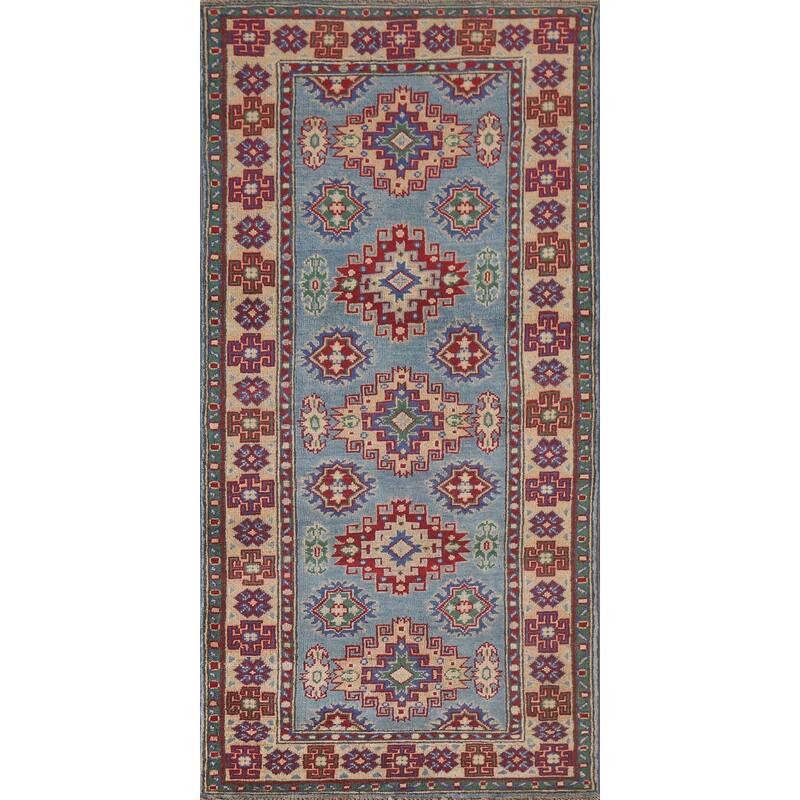 Hand Knotted Oriental 100% Wool Carpet Traditional Geometric Navy Blue & Blues Kazak Area Rug - 6' 4'' X 2' 9''