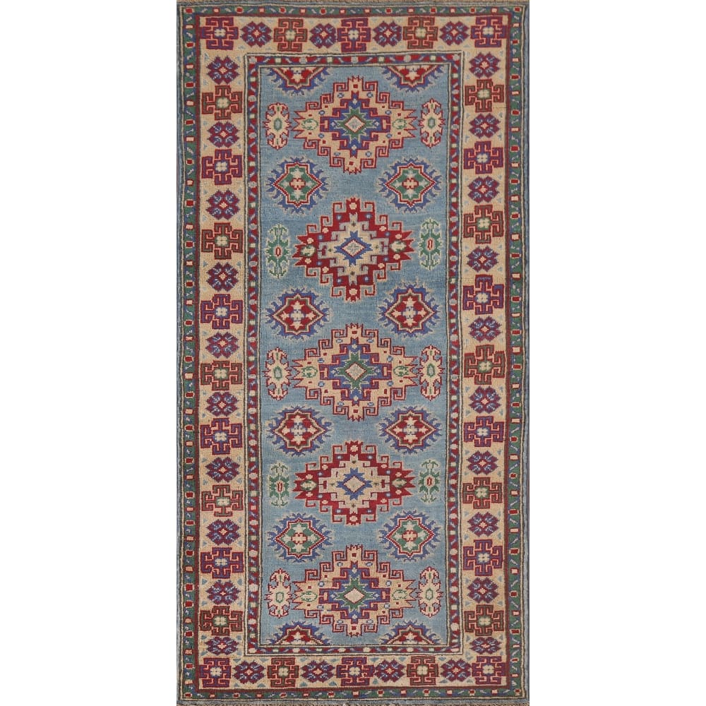 Hand Knotted Oriental 100% Wool Carpet Traditional Geometric Navy Blue & Blues Kazak Area Rug - 6' 4'' X 2' 9''