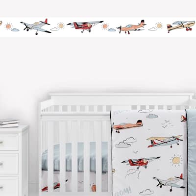 Vintage Airplane Wallpaper Wall Border - Grey Yellow Orange Red White Blue Airplanes Air Plane Transportation Clouds Sun Sky