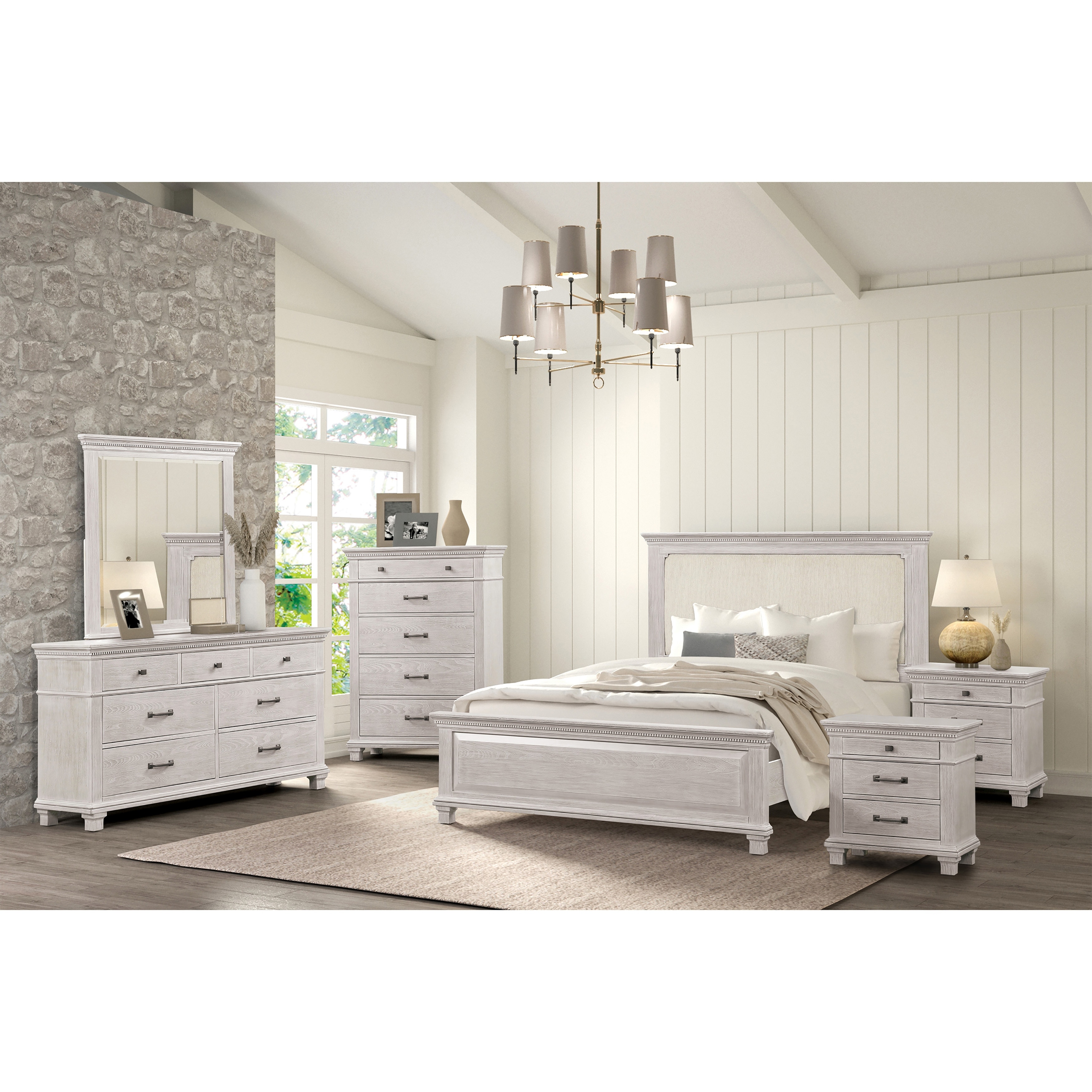 Furniture of America Eleanor 6-Piece Weathered Grey Solid Wood King Panel Bedroom Set with Dentil Molding