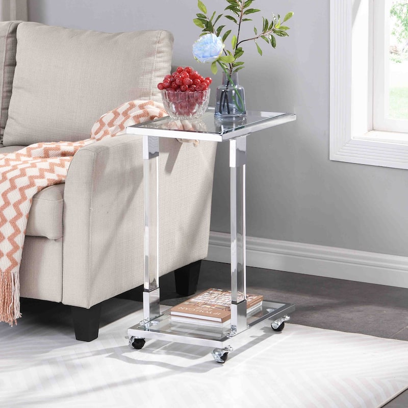C-Shape Square Acrylic Side Table Sofa Table with Glass Top and Metal Base - 17.72"L×12.6"W×25.35"H - 17.72"L×12.6"W×25.35"H - Chrome