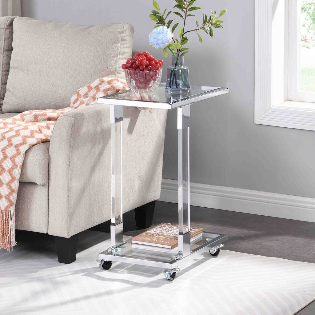 End Table, Glass Top C Shape Square Table with Metal Base for Living Room