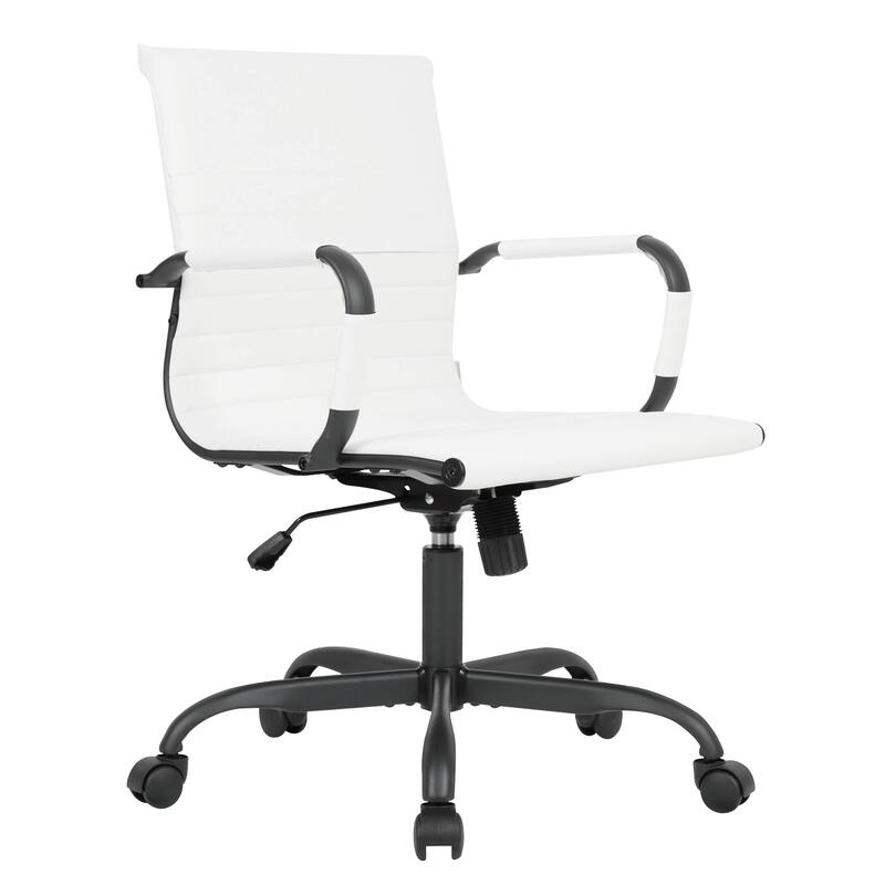 Harris Leather Mid-Back Adjustable Seat Height Office Desk Computer Swivel Chair in Black Metal Frame for Home Conference - White