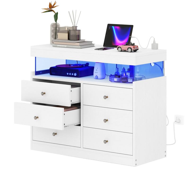 Moasis 6 Drawer Dressers, Double Storage Dresser with LED Lights & Charging Station