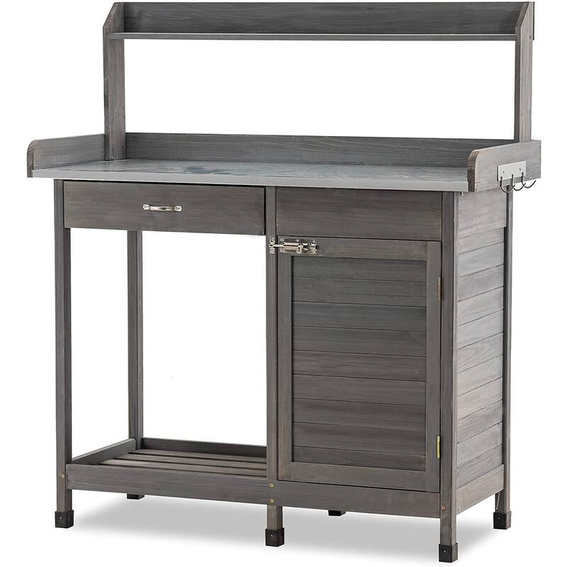 MCombo Potting Bench, Outdoor Garden Wood Potting Table Workstation with Cabinet, Metal Tabletop, Sliding Drawer, Open Shelf