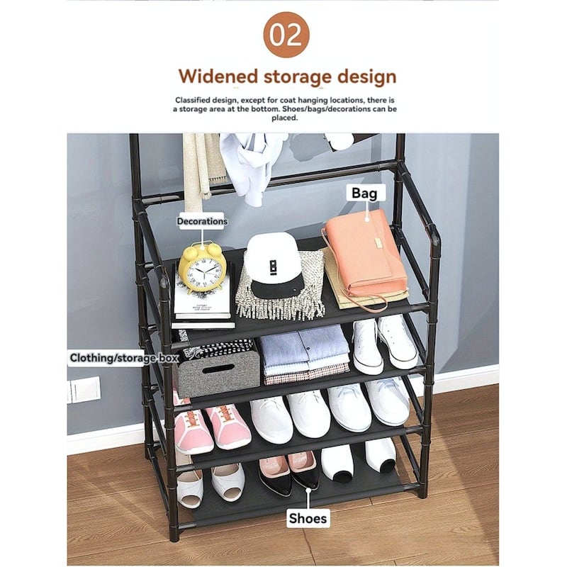 5-Tier Freestanding Shoe Rack and Coat Stand Entryway Organizer for Shoes Boots Hats - 26”L x 11”W x 68.9”H
